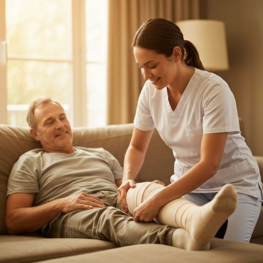 Healthcare professional providing compression therapy in patient's home