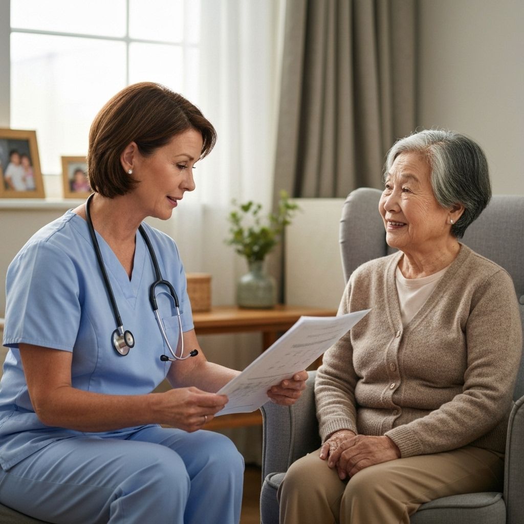 Healthcare professional providing compassionate wound care consultation to elderly patient in comfortable home setting
